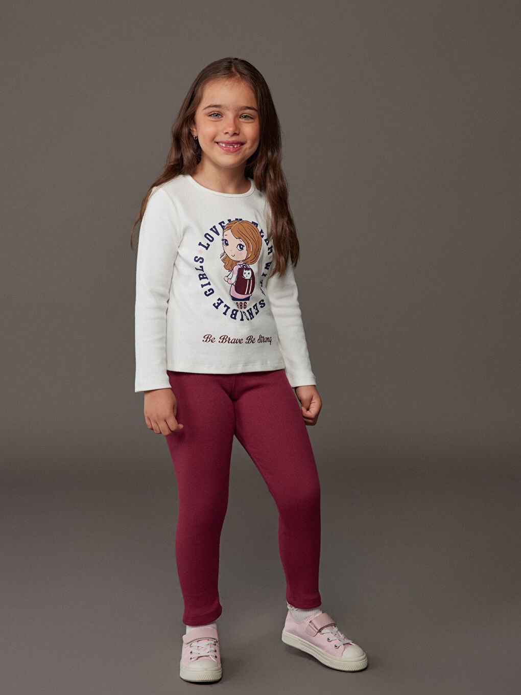 Ekru Uzun Kollu Kız Çocuk Kaşkorse Tişört 2'li-1