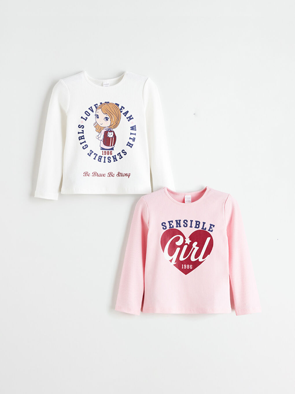 Ekru Uzun Kollu Kız Çocuk Kaşkorse Tişört 2'li-2