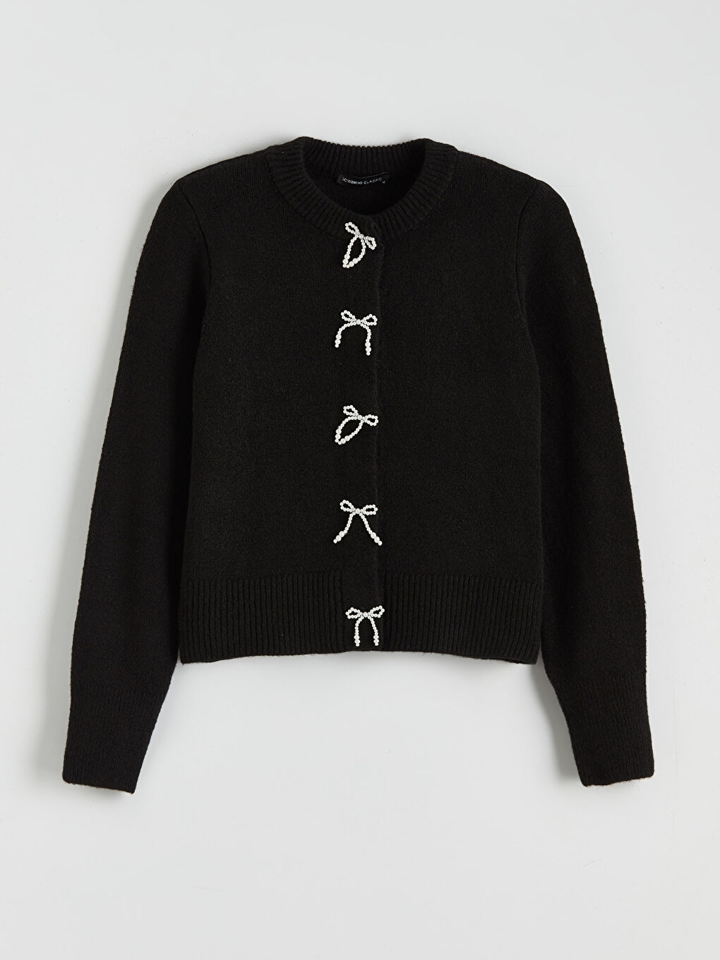 Siyah Bisiklet Yaka Fiyonk Düğmeli Kadın Triko Hırka-4