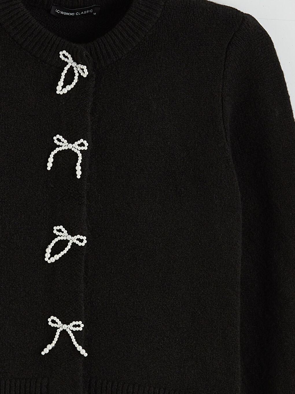 Siyah Bisiklet Yaka Fiyonk Düğmeli Kadın Triko Hırka-5