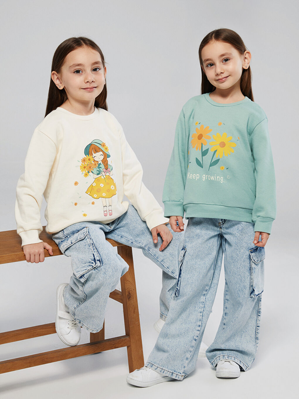 Bej Bisiklet Yaka Baskılı Kız Çocuk Sweatshirt 2'li