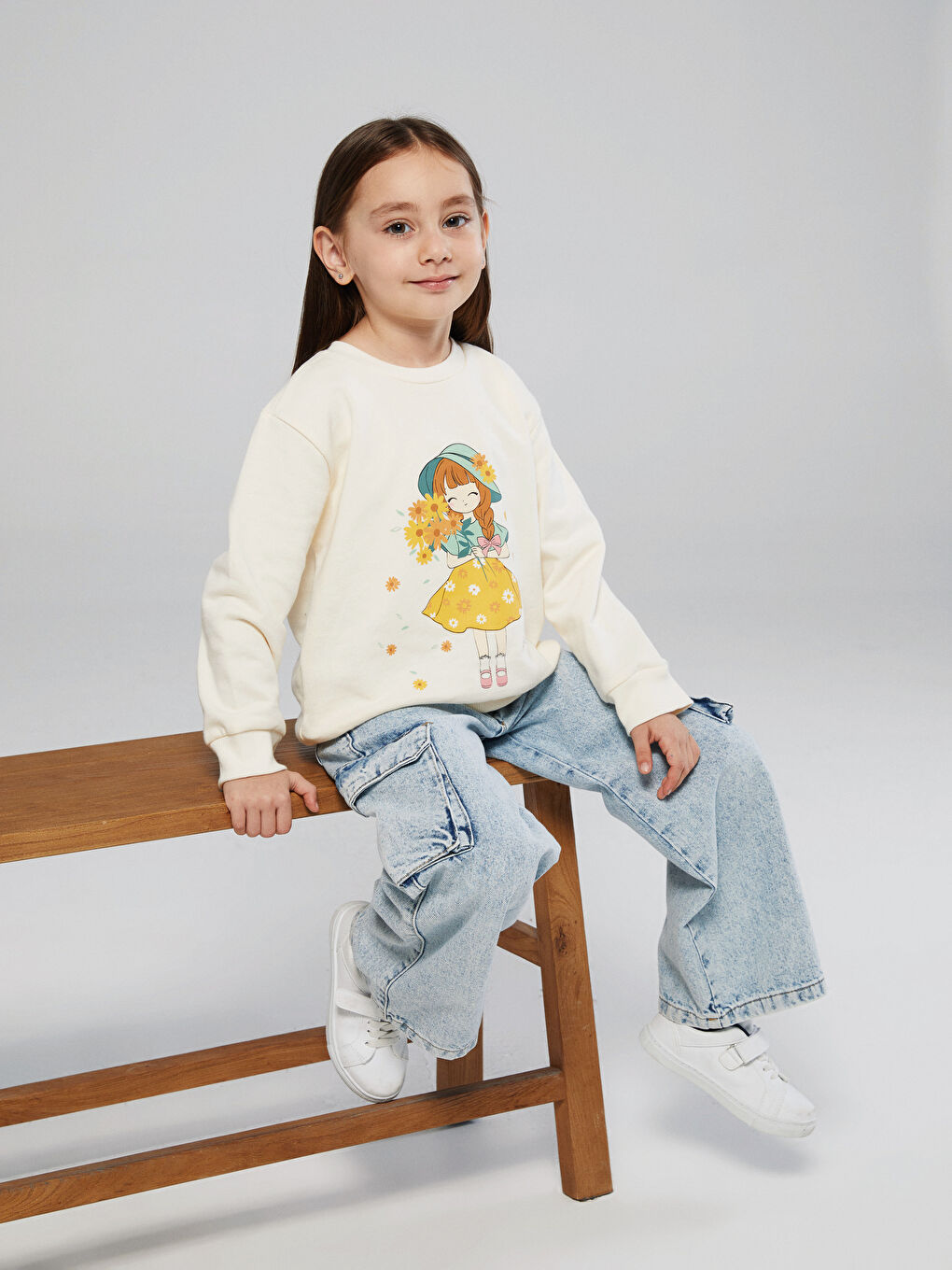 Bej Bisiklet Yaka Baskılı Kız Çocuk Sweatshirt 2'li-1