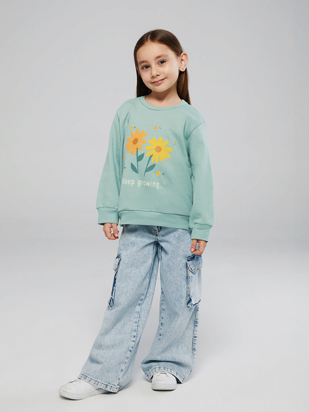 Bej Bisiklet Yaka Baskılı Kız Çocuk Sweatshirt 2'li-2