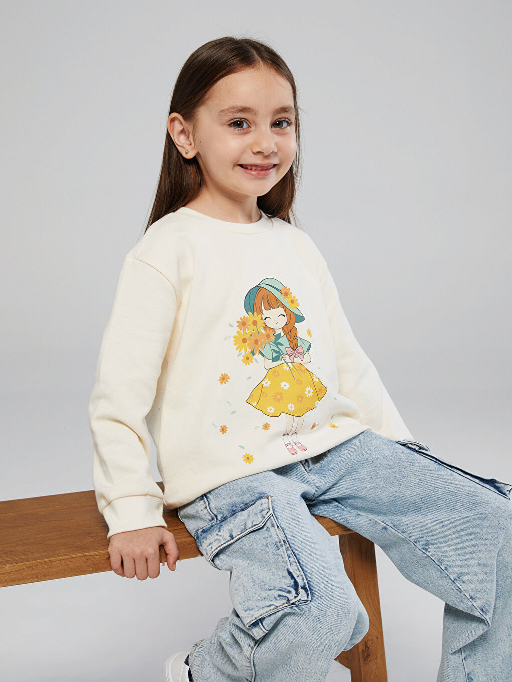 Bej Bisiklet Yaka Baskılı Kız Çocuk Sweatshirt 2'li-3