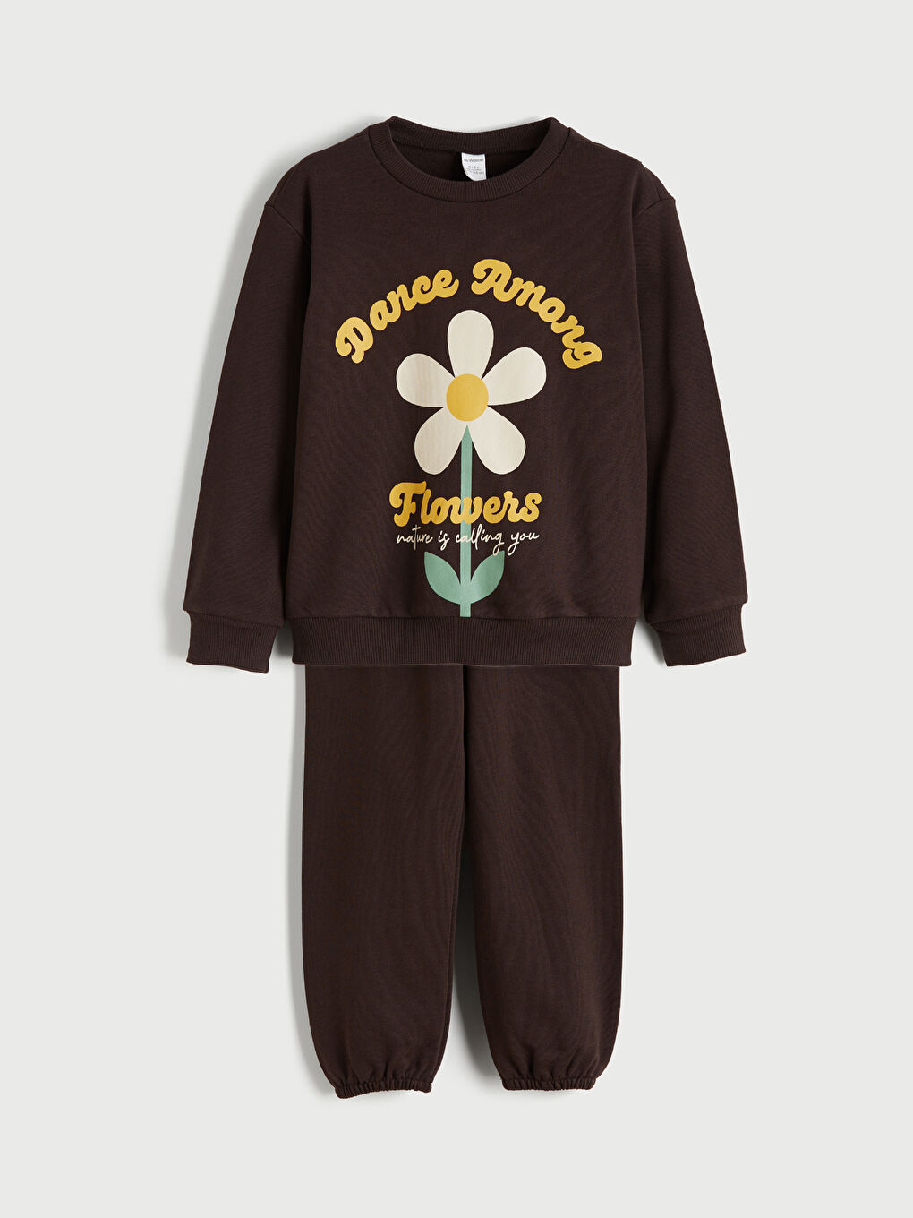 Kahverengi Çiçekli Kız Çocuk Sweatshirt ve Eşofman Altı-2