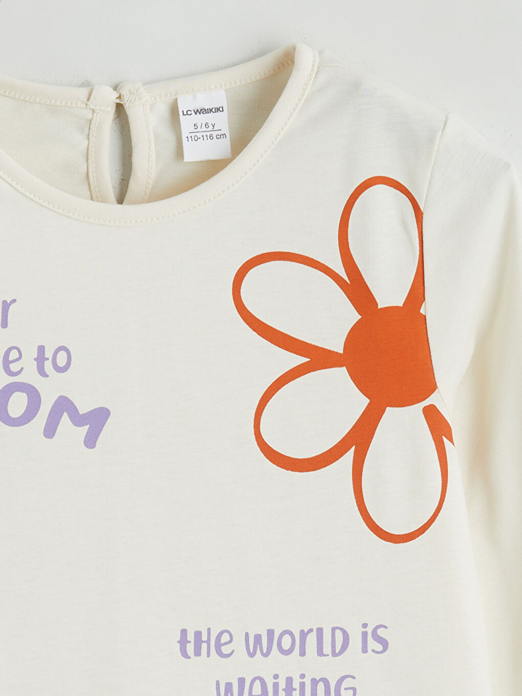 Bej Bisiklet Yaka Baskılı Kız Çocuk Tişört-1