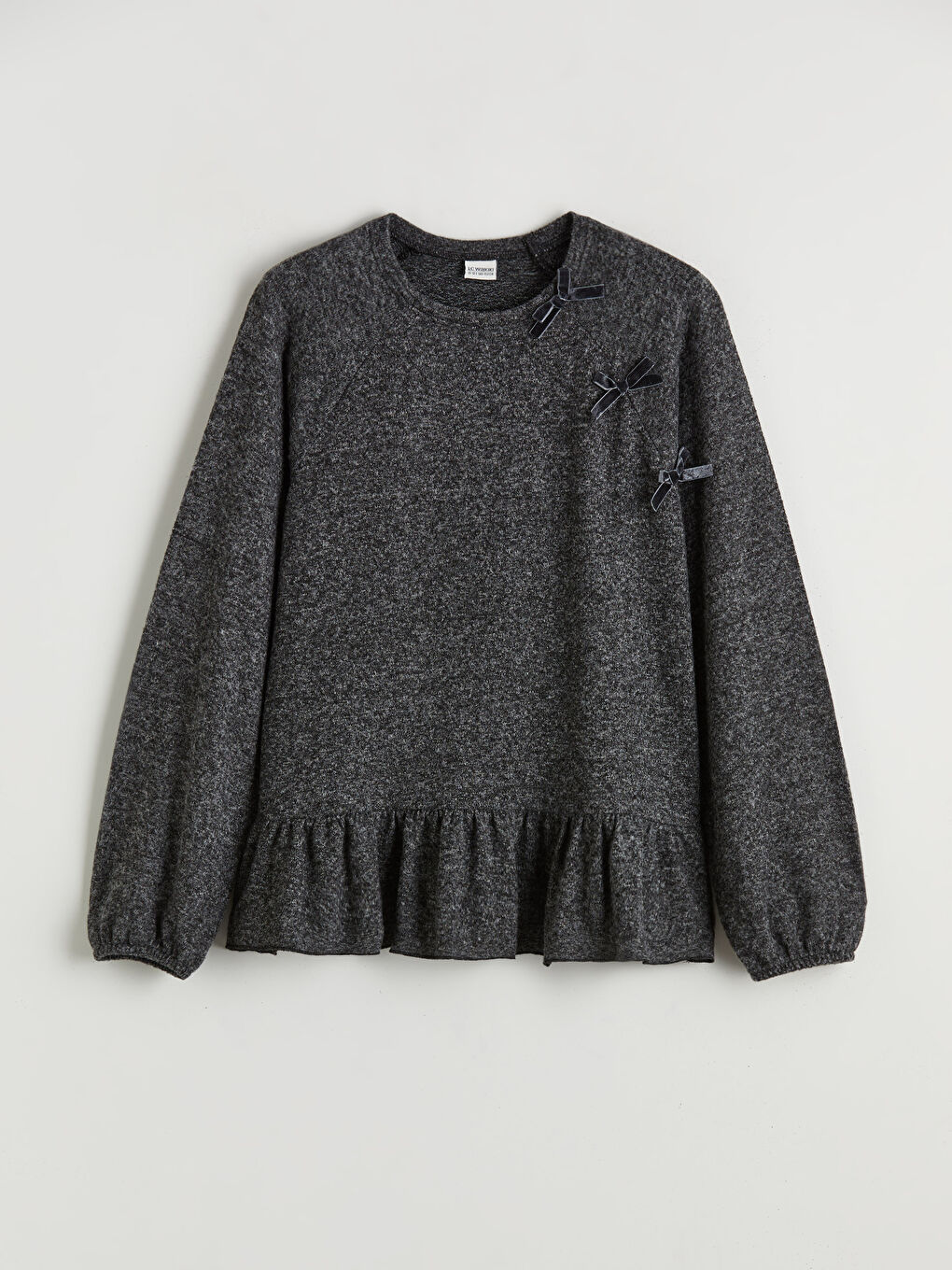 Gri Bisiklet Yaka Fiyonk Detaylı Kız Çocuk Tişört