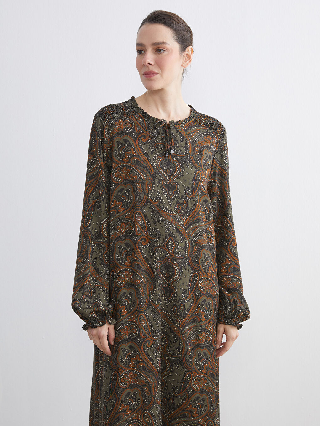 Tie Neck Patterned Shirred Dress-1