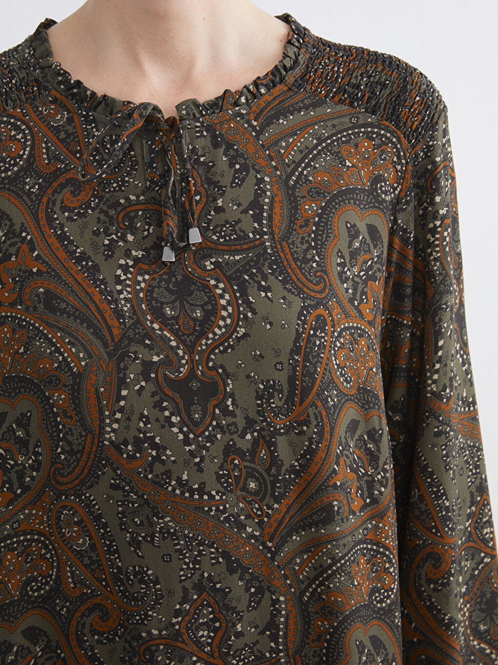 Tie Neck Patterned Shirred Dress-2