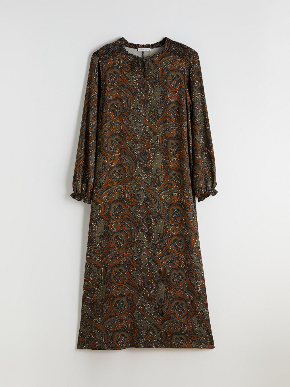 Tie Neck Patterned Shirred Dress-4