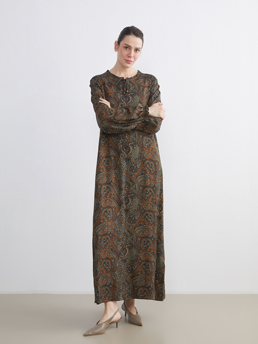 Tie Neck Patterned Shirred Dress