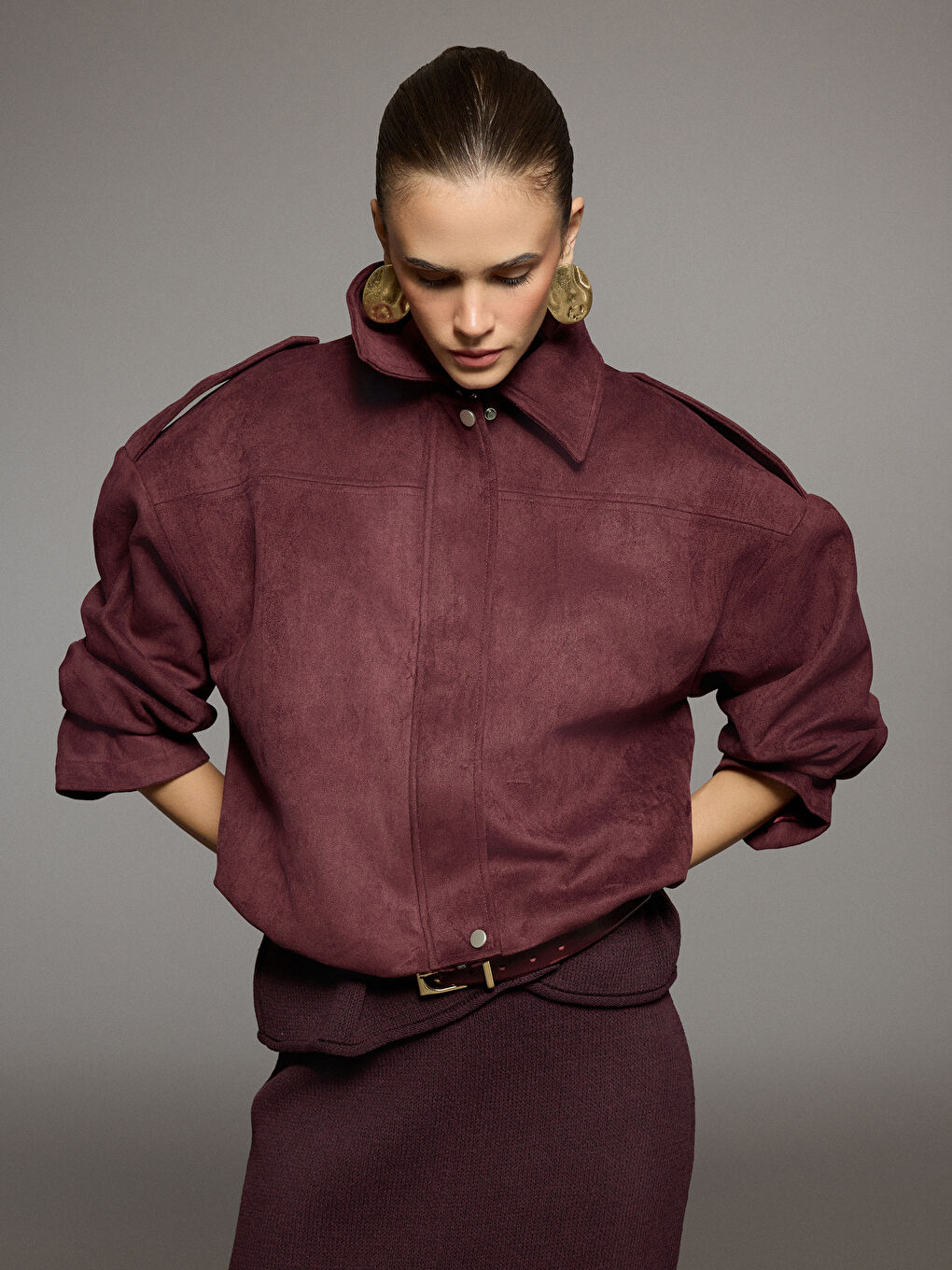 Bordo Gömlek Yaka Kadın Süet Görünümlü Ceket