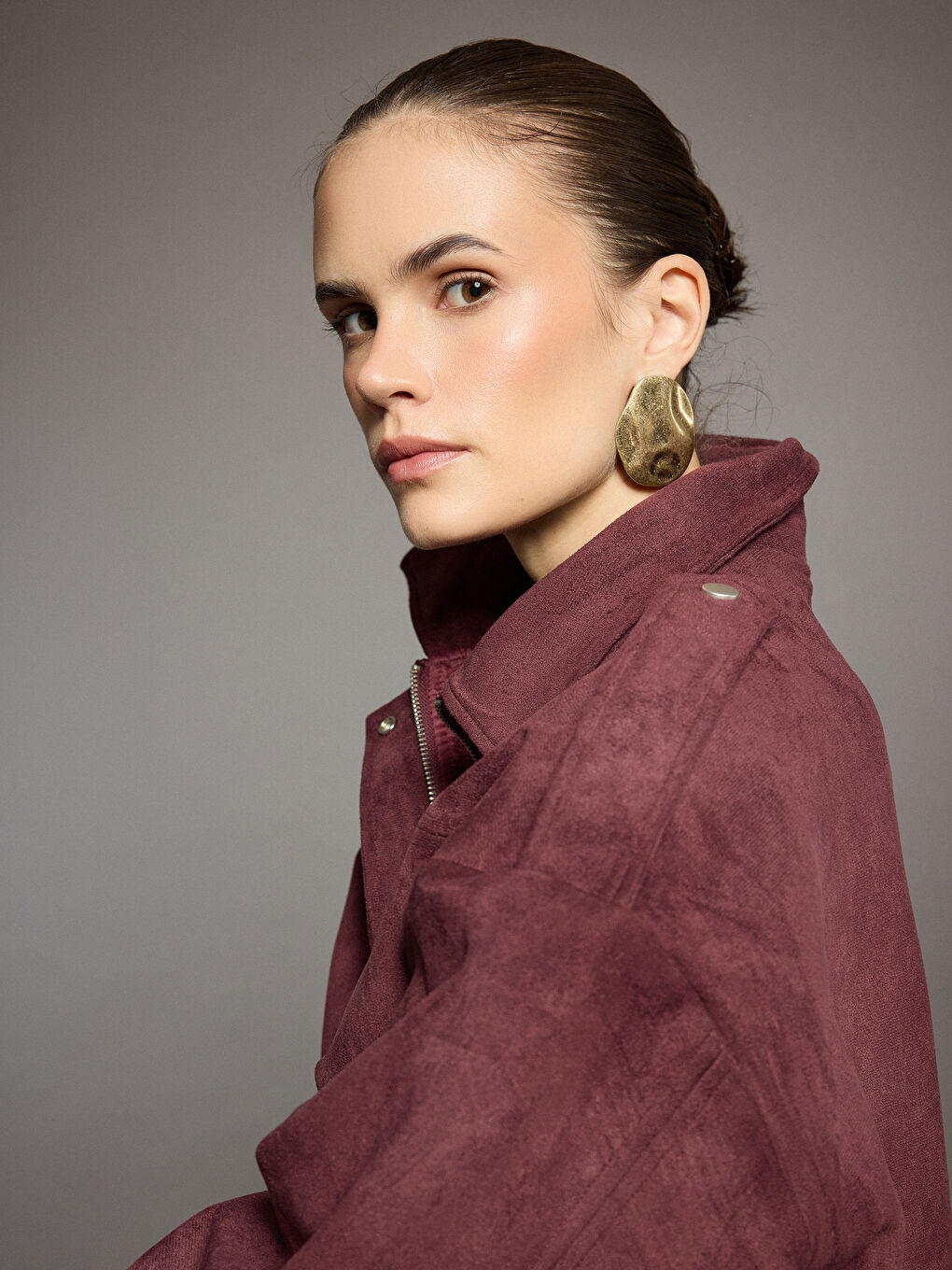 Bordo Gömlek Yaka Kadın Süet Görünümlü Ceket-1