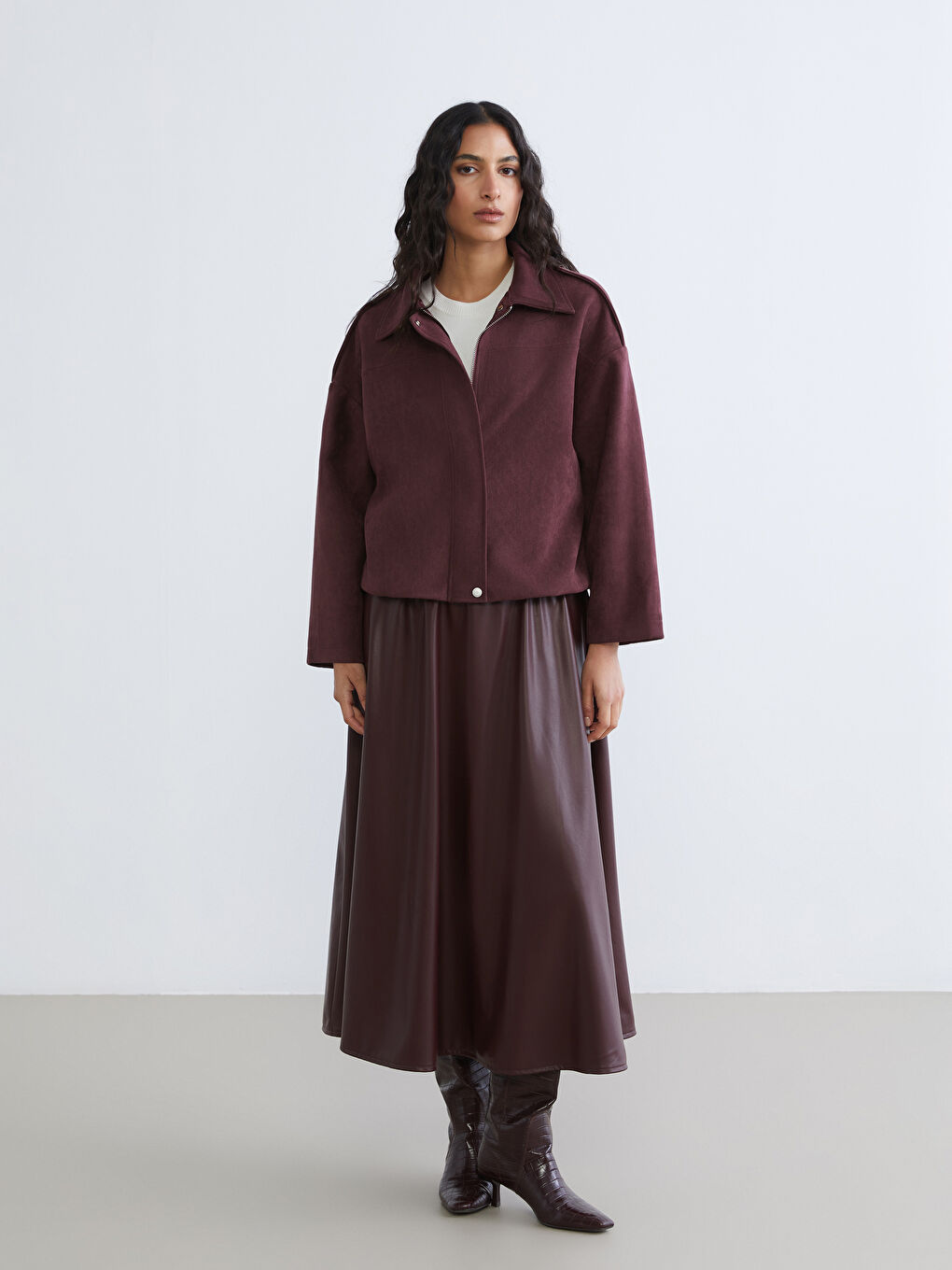 Bordo Gömlek Yaka Kadın Süet Görünümlü Ceket-3