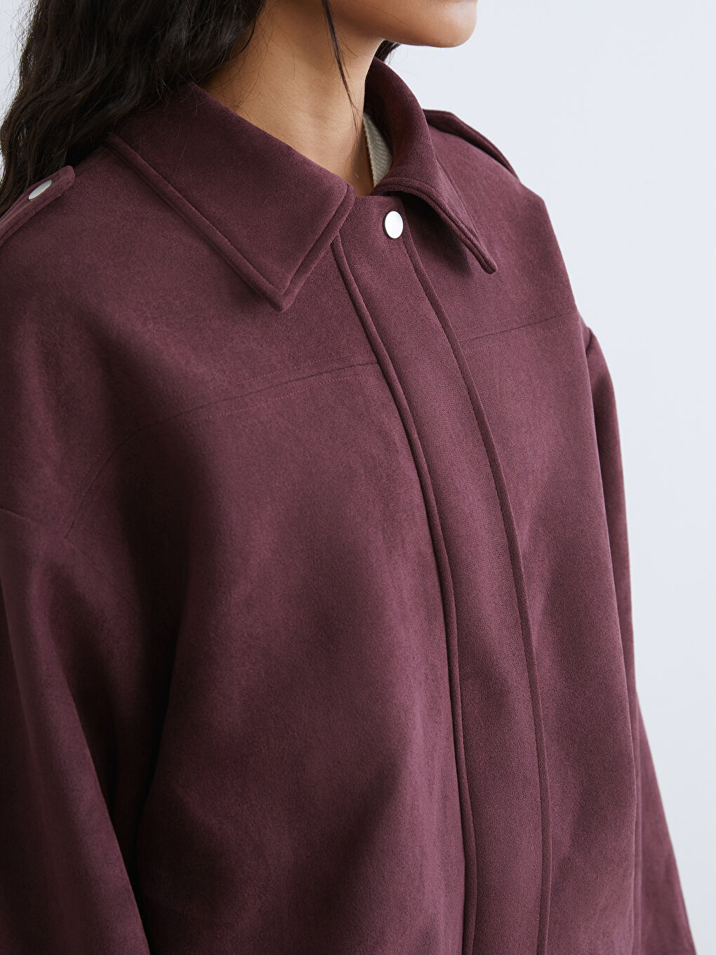 Bordo Gömlek Yaka Kadın Süet Görünümlü Ceket-5