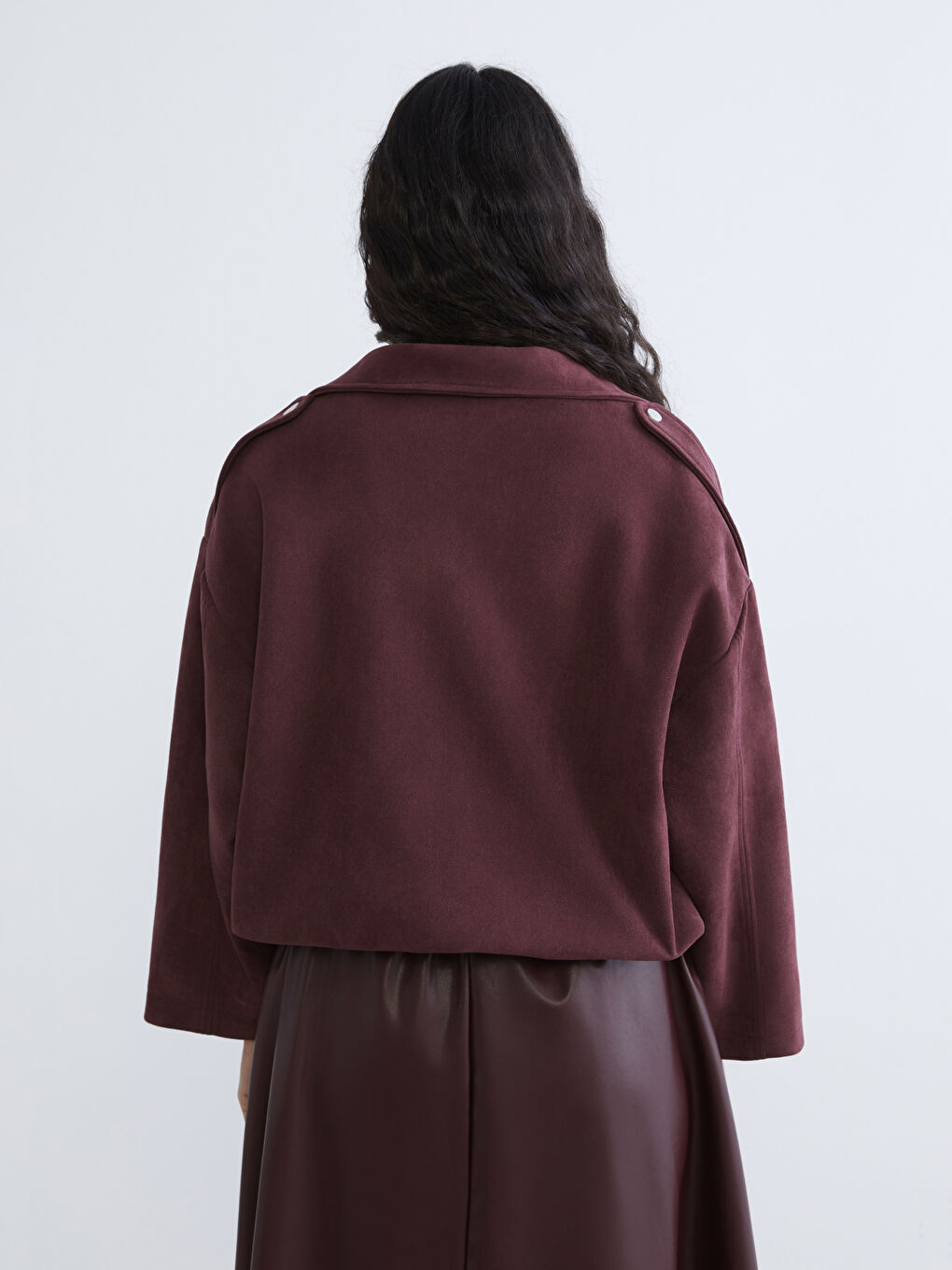 Bordo Gömlek Yaka Kadın Süet Görünümlü Ceket-6