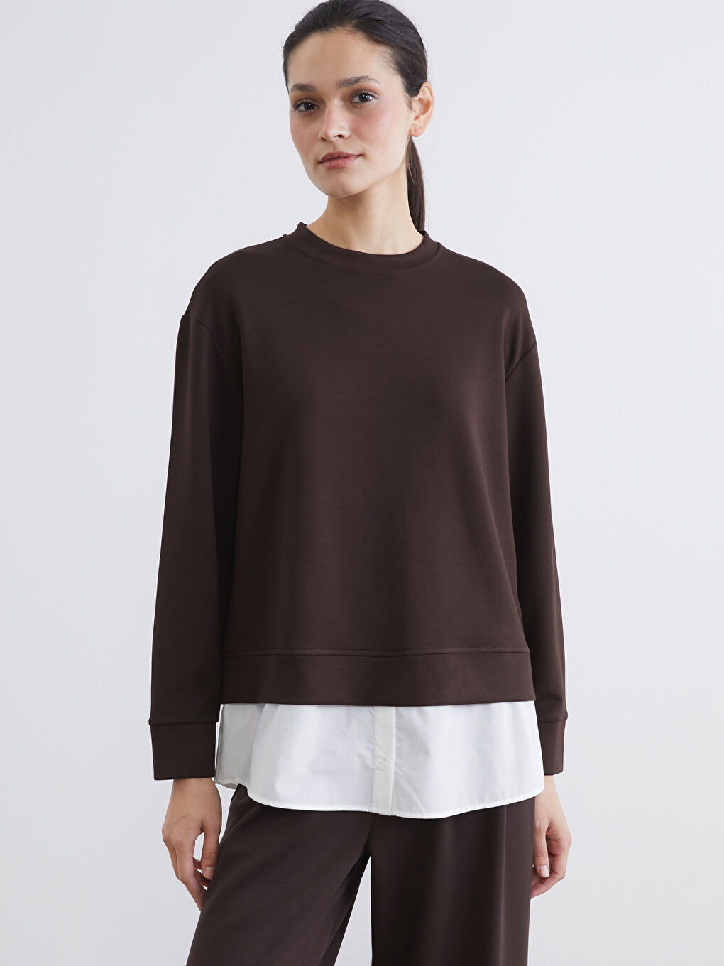 Kahverengi Bisiklet Yaka Kadın Sweatshirt Tunik