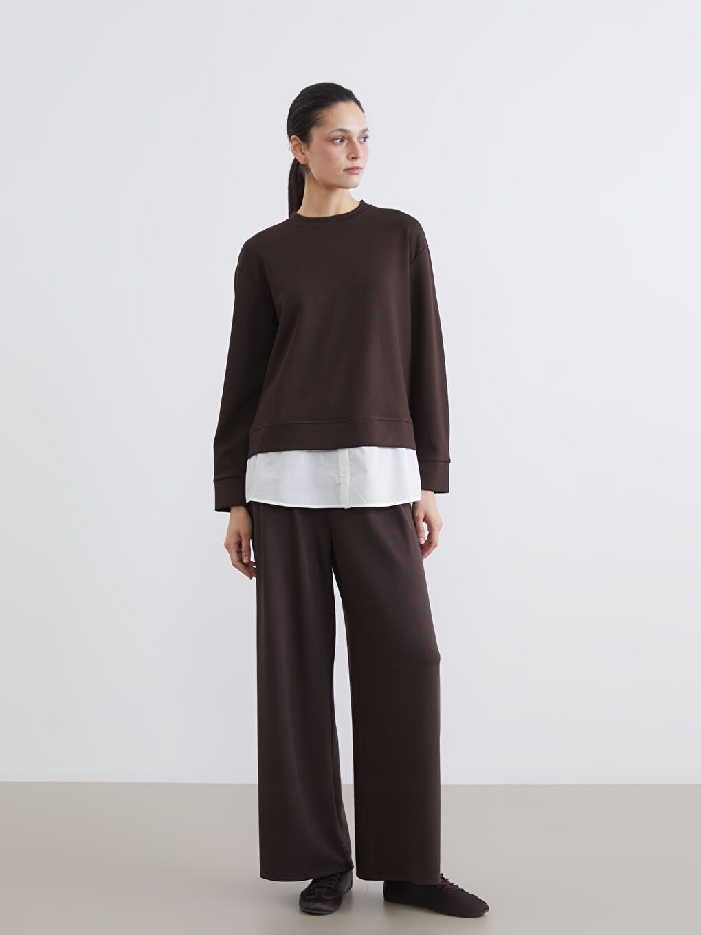 Kahverengi Bisiklet Yaka Kadın Sweatshirt Tunik-1