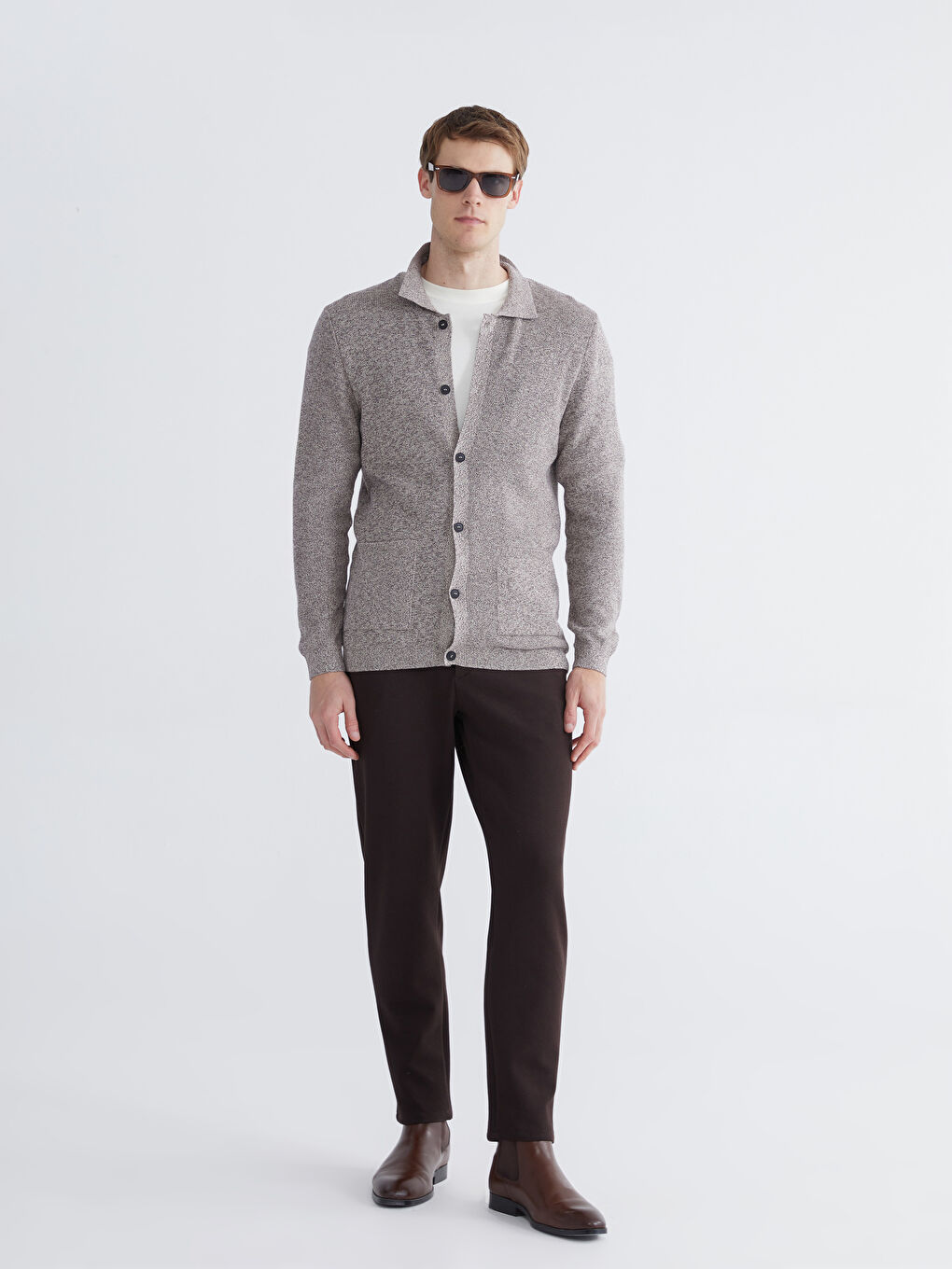 Bej Polo Yaka Erkek Triko Hırka-1