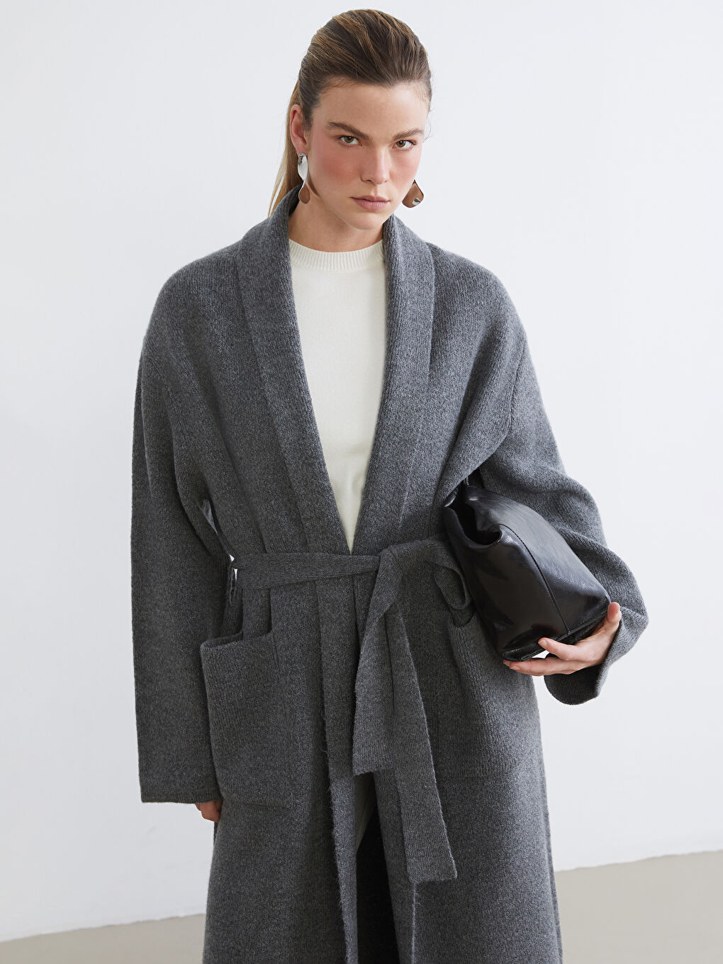 Shawl Collar Waist Belted Women's Knitwear Cardigan-1