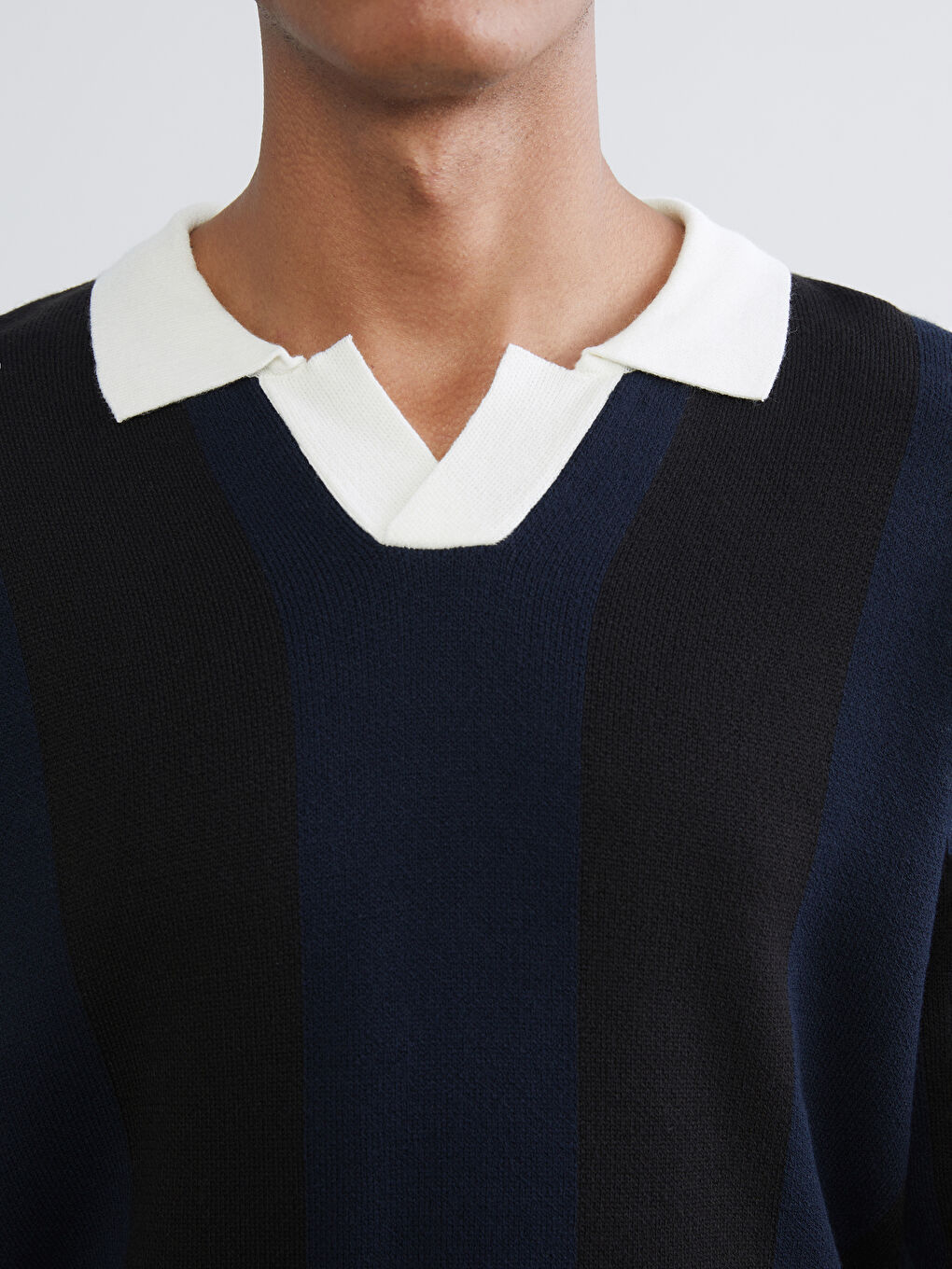 Lacivert Polo Yaka Çizgili Erkek Triko Kazak-2