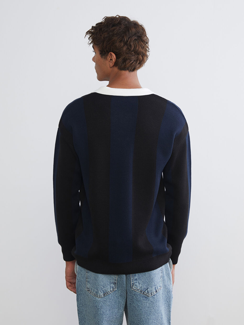 Lacivert Polo Yaka Çizgili Erkek Triko Kazak-3