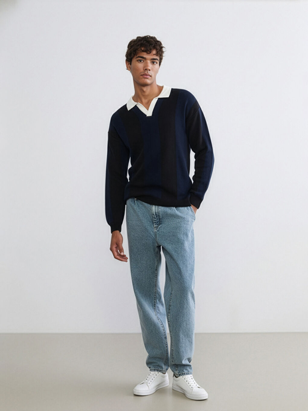 Lacivert Polo Yaka Çizgili Erkek Triko Kazak-1