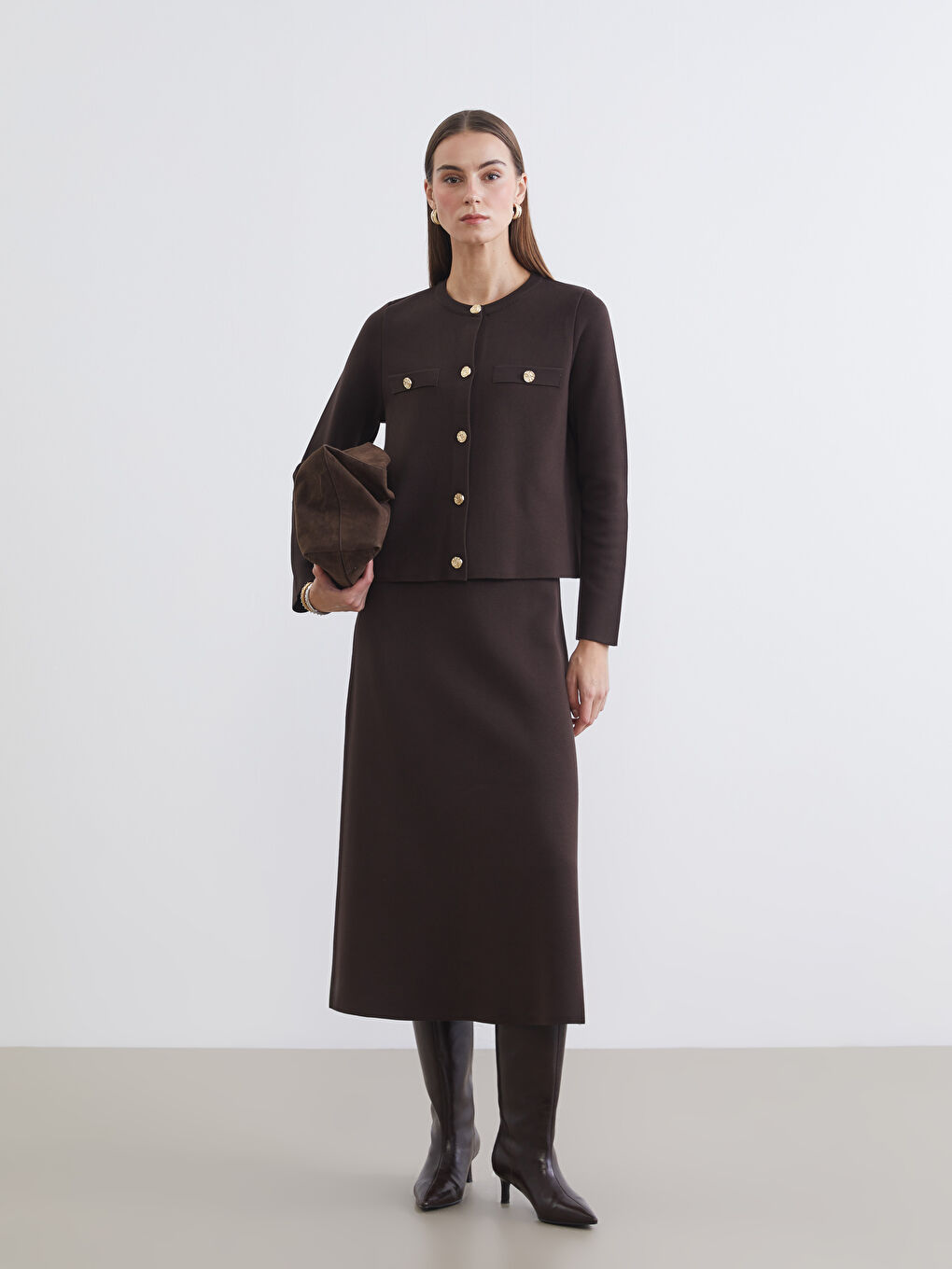 Kahverengi Bisiklet Yaka Kadın Triko Hırka-1