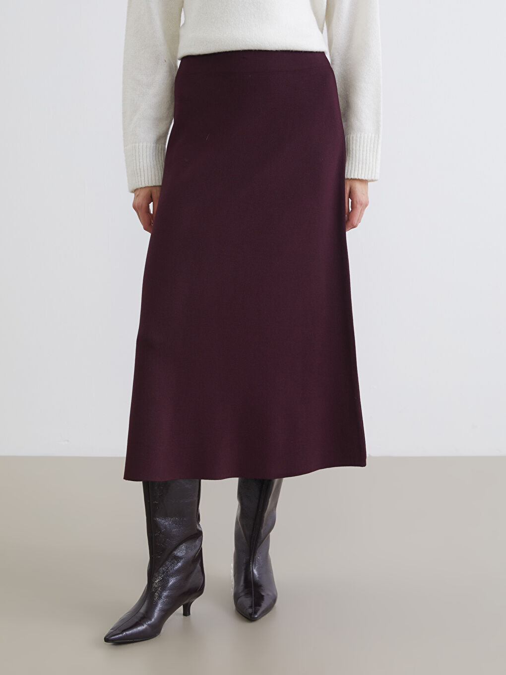 Bordo Beli Lastikli A Kesim Triko Etek-1