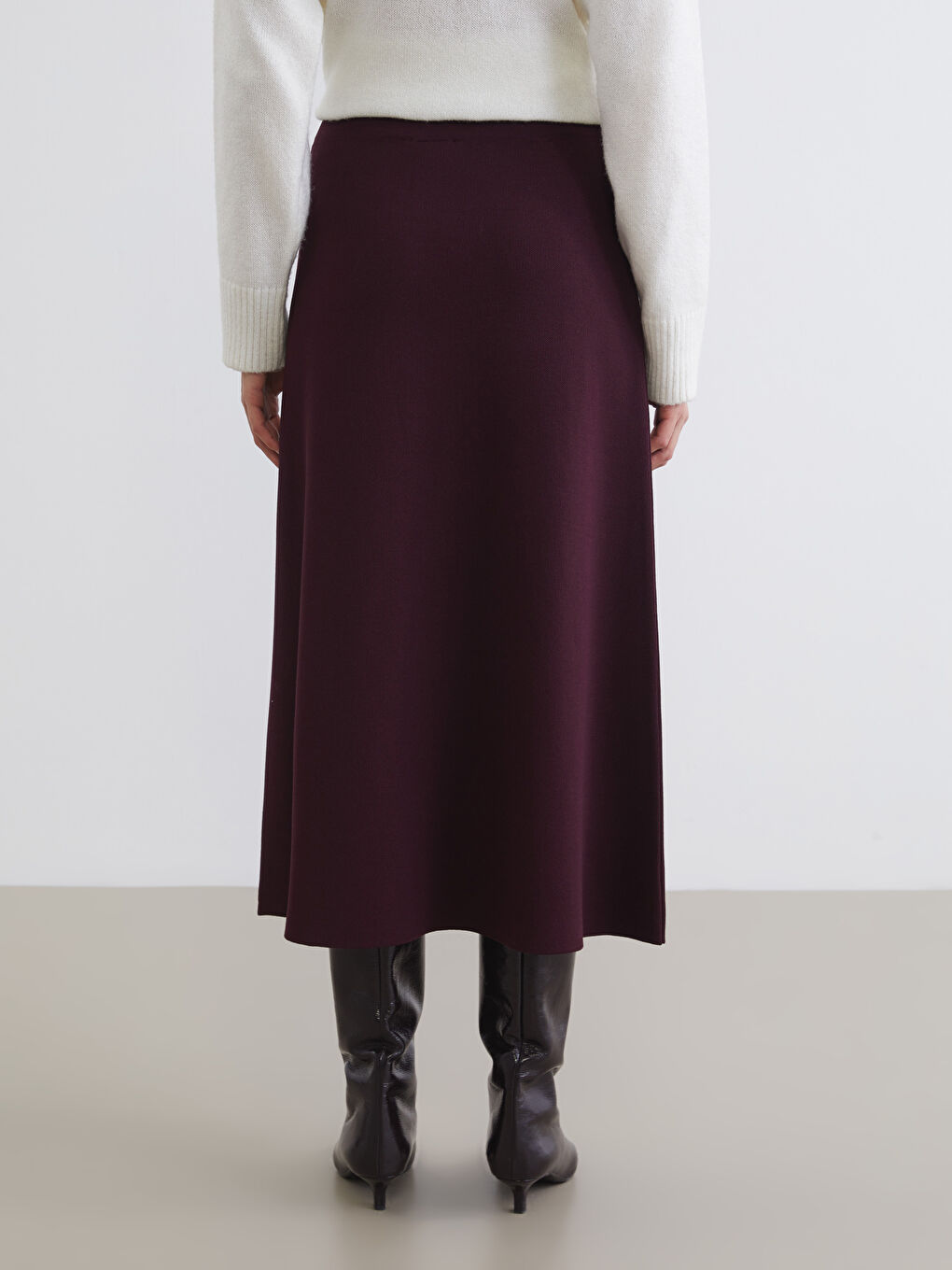 Bordo Beli Lastikli A Kesim Triko Etek-3