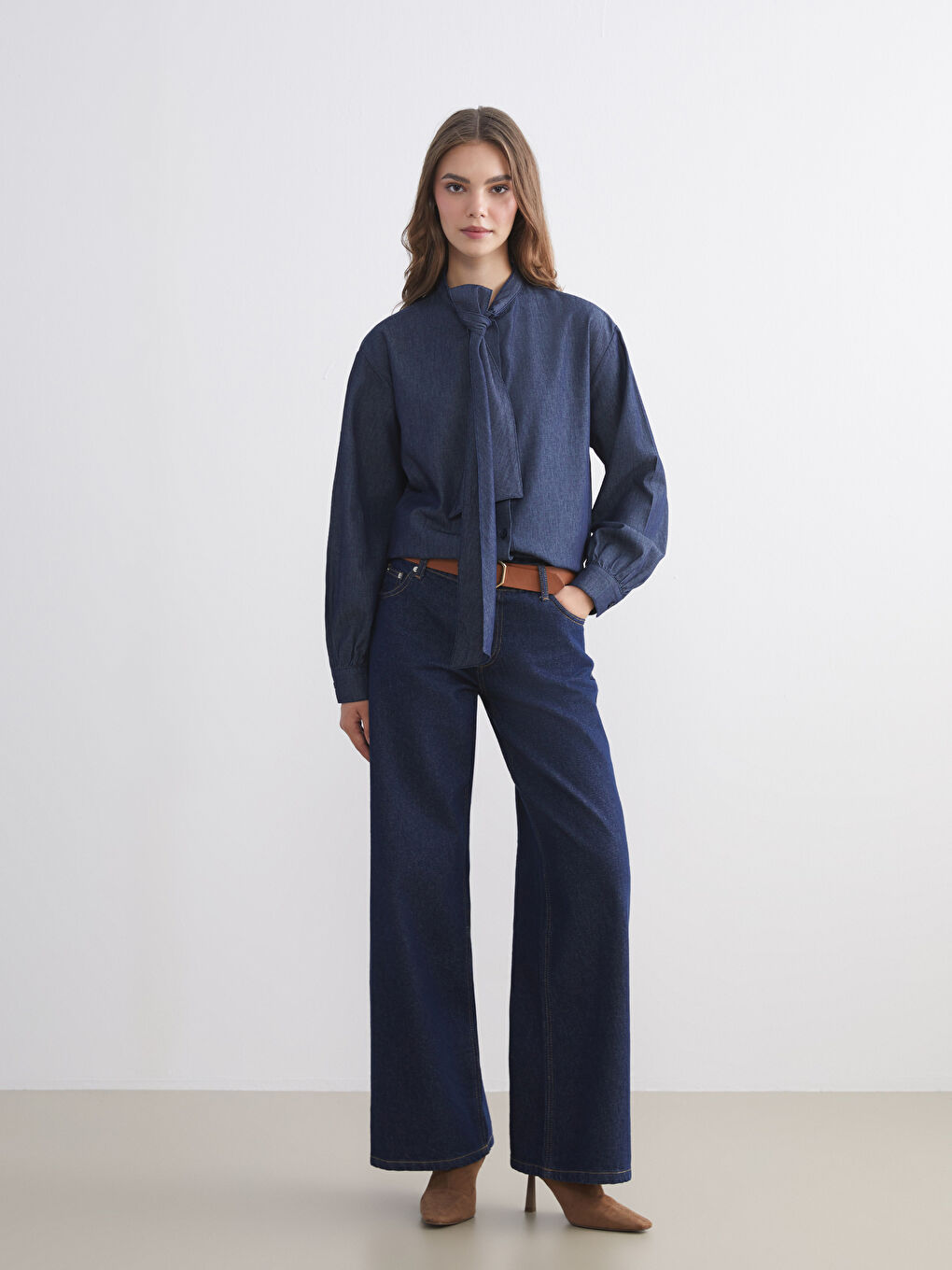 İndigo Bağlamalı Yaka Kadın Jean Gömlek-1
