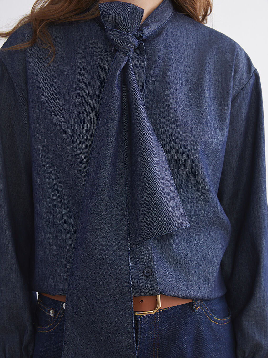 İndigo Bağlamalı Yaka Kadın Jean Gömlek-2