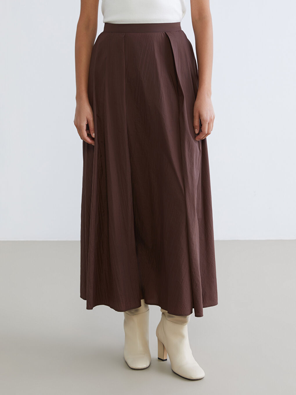 Kahverengi Beli Fermuarlı Pileli Etek-1