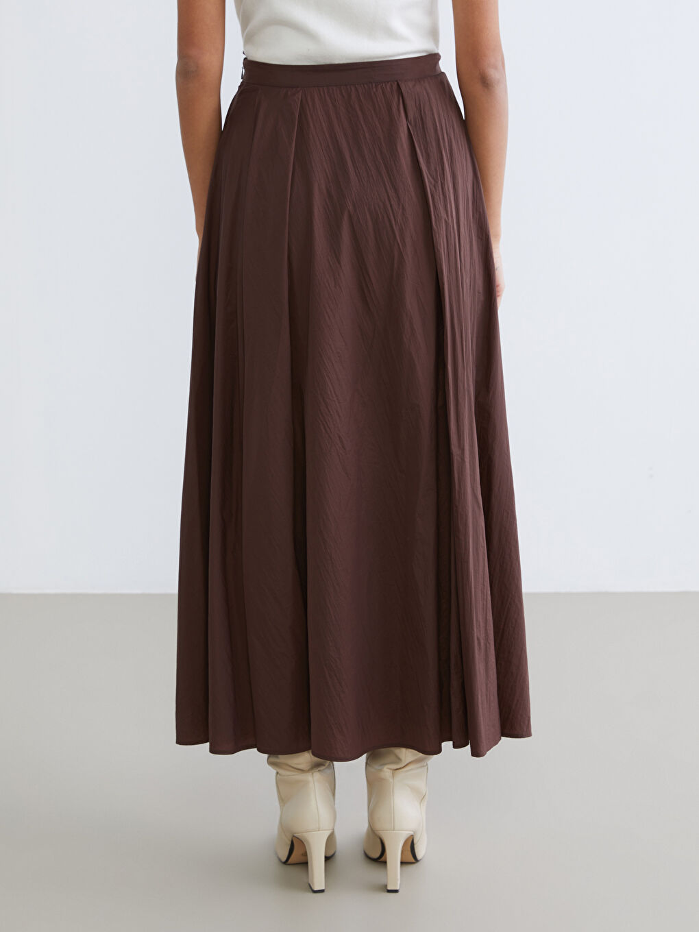 Kahverengi Beli Fermuarlı Pileli Etek-3