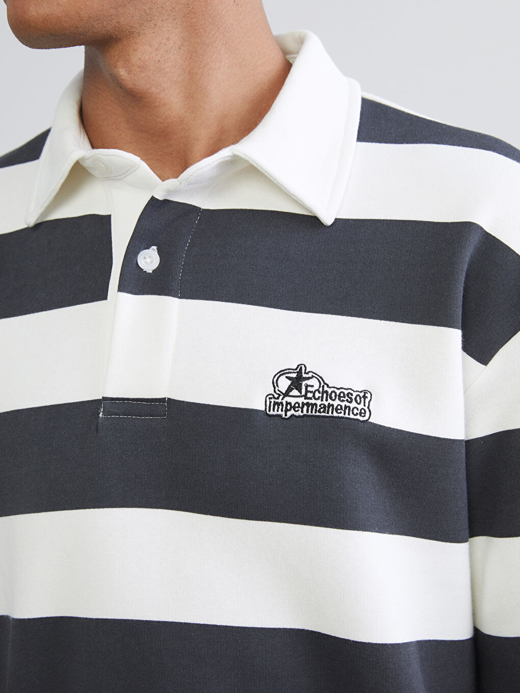 Gri Polo Yaka Çizgili Erkek Kalın Sweatshirt-2