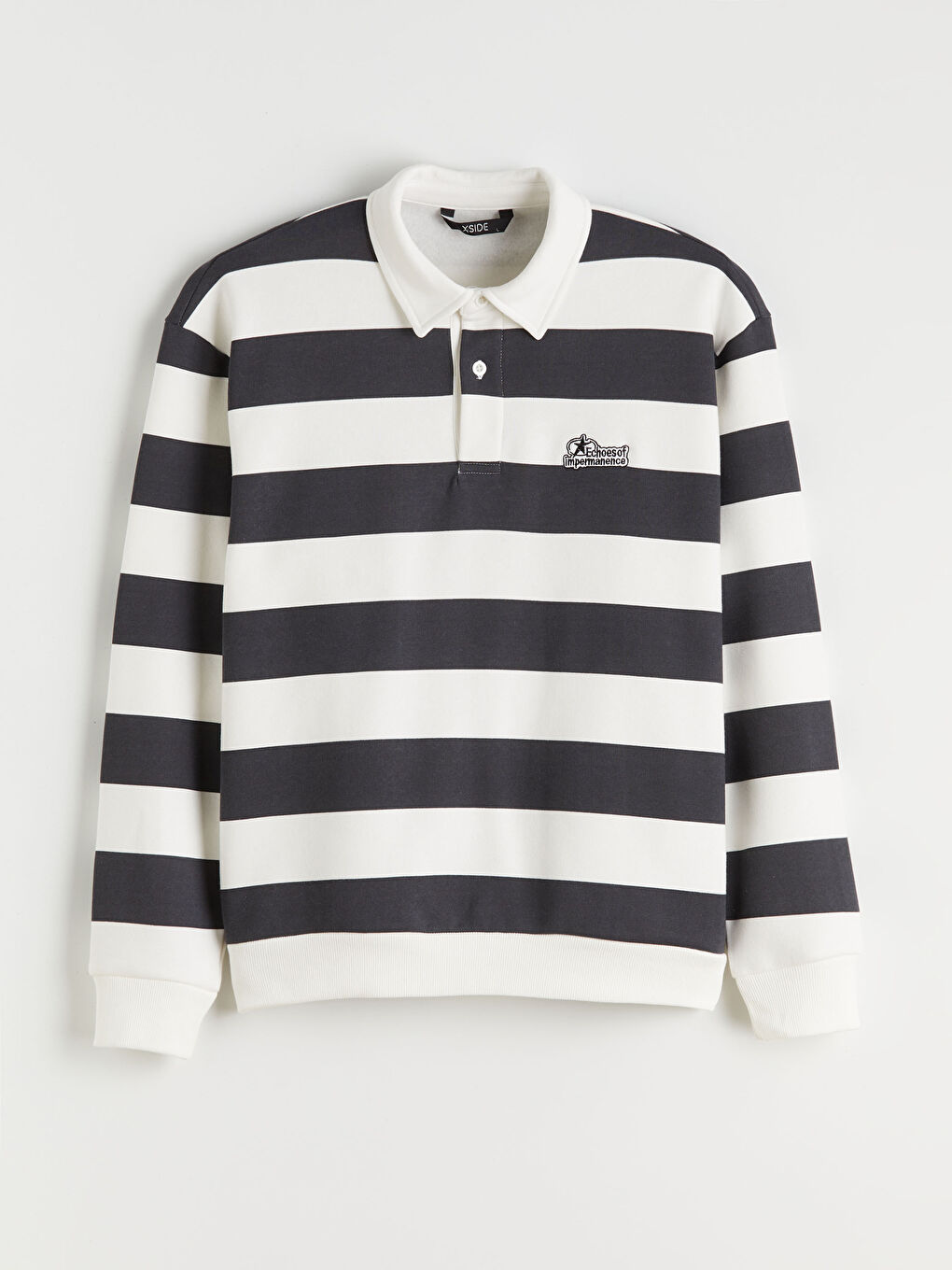 Gri Polo Yaka Çizgili Erkek Kalın Sweatshirt-4