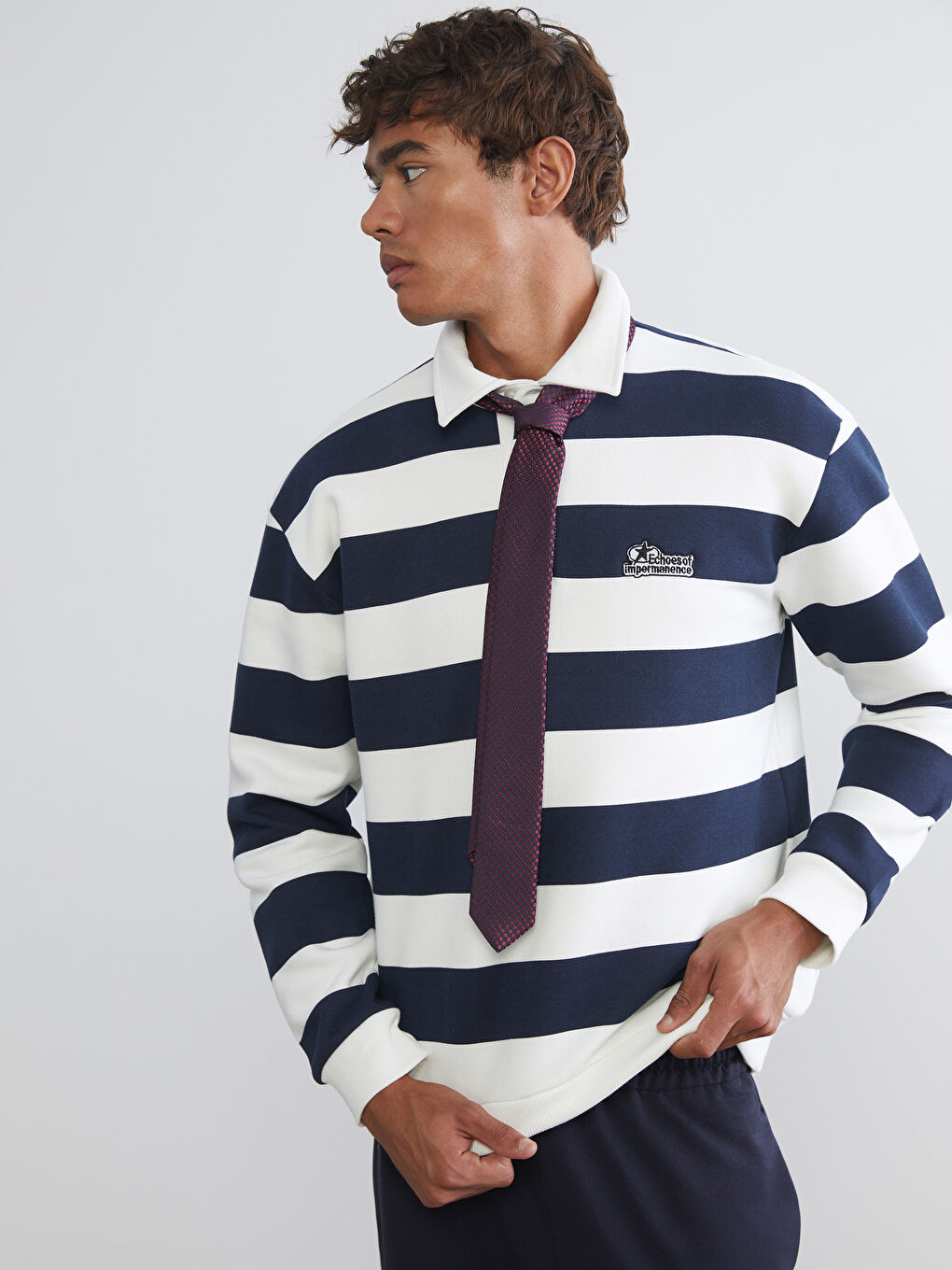 Lacivert Polo Yaka Çizgili Erkek Kalın Sweatshirt