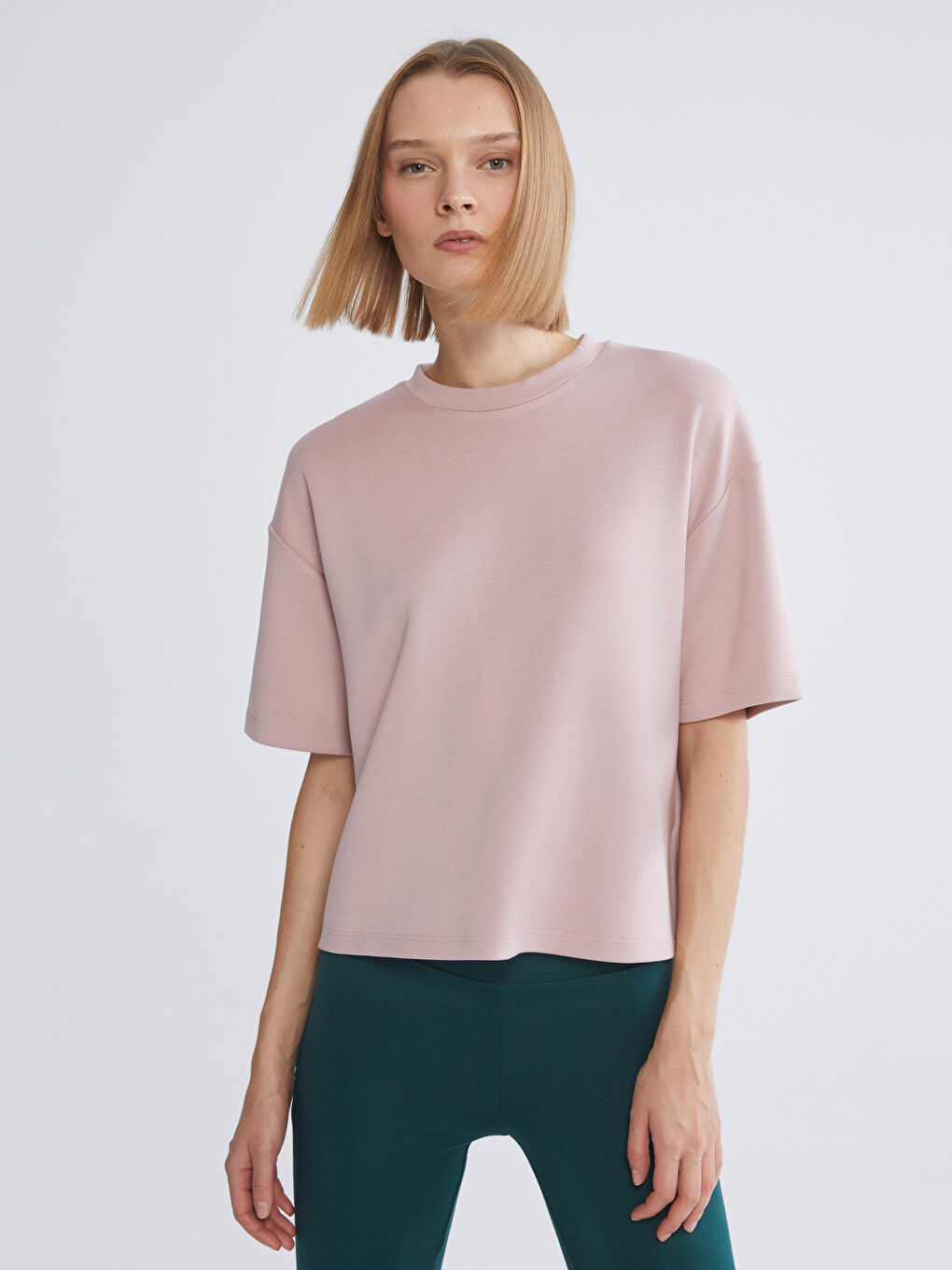 Pembe Bisiklet Yaka Oversize Kadın Tişört