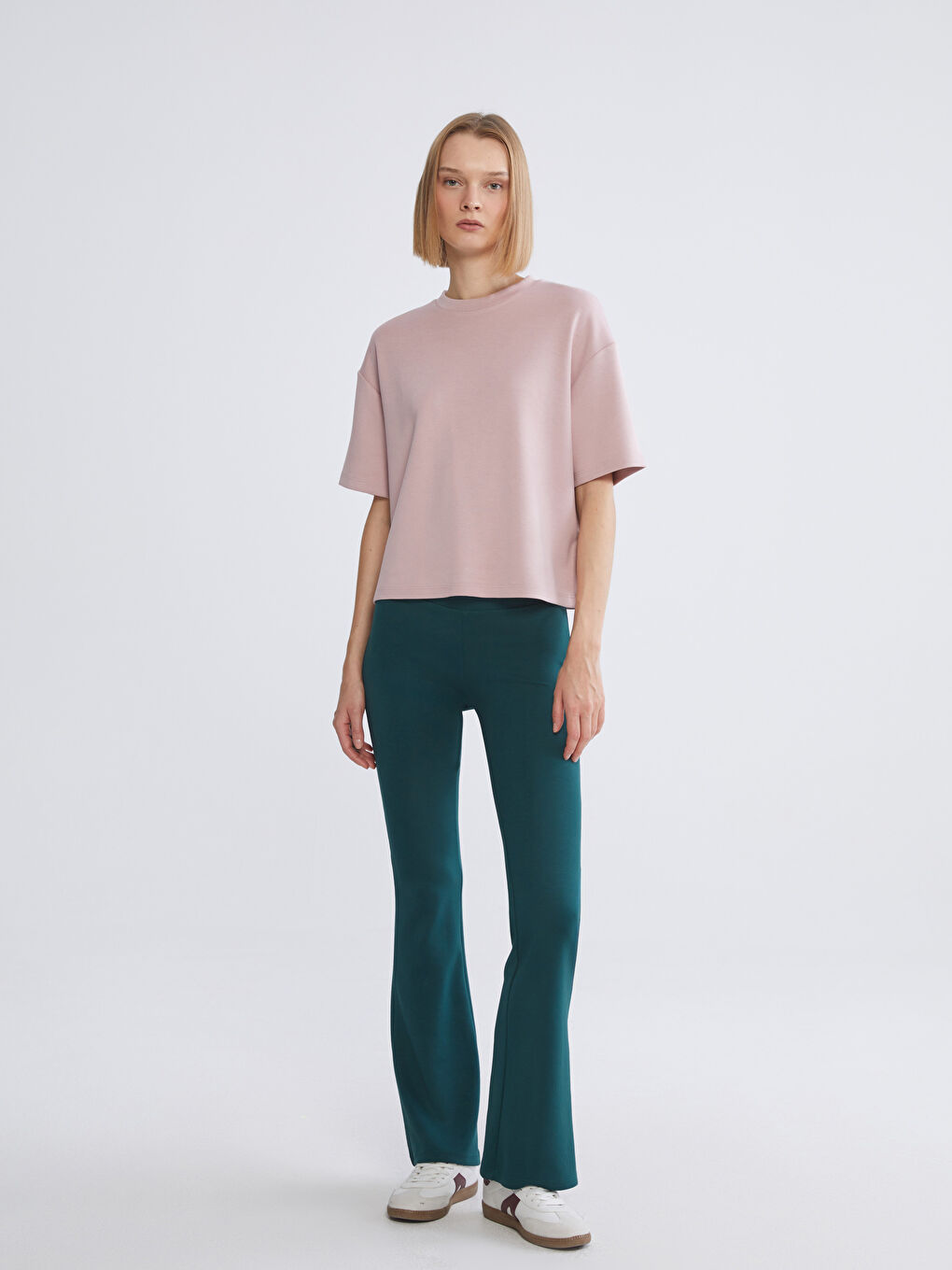 Pembe Bisiklet Yaka Oversize Kadın Tişört-1