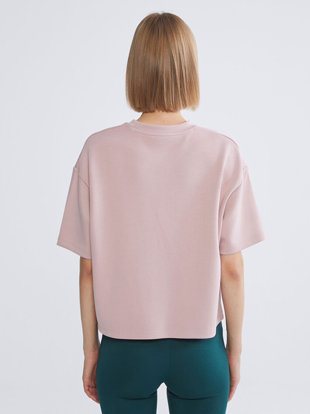 Pembe Bisiklet Yaka Oversize Kadın Tişört-3