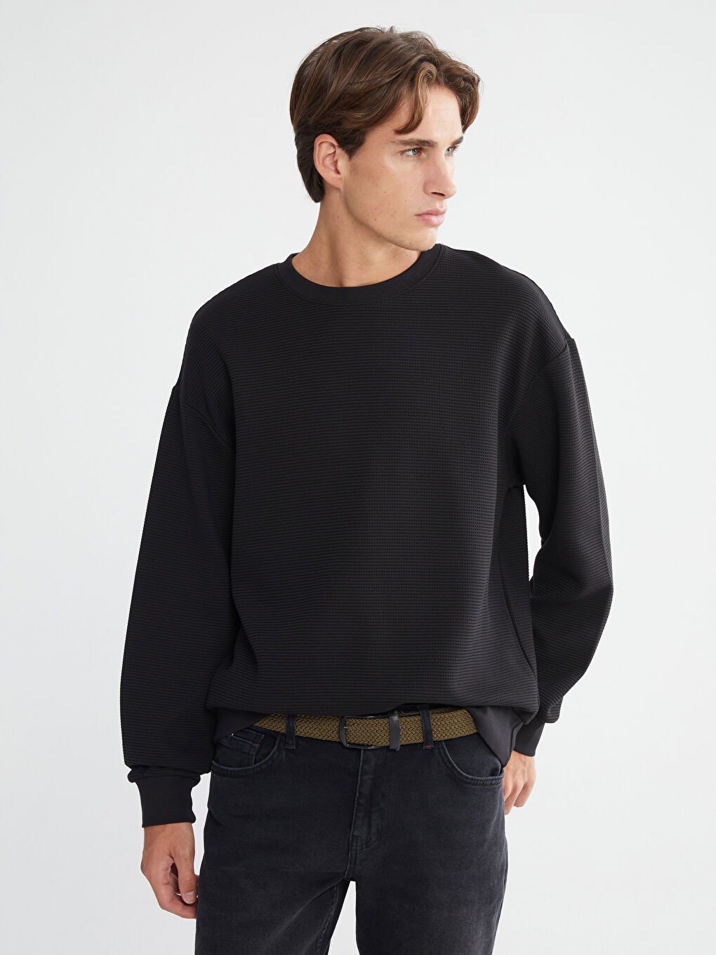 Siyah Bisiklet Yaka Erkek Sweatshirt