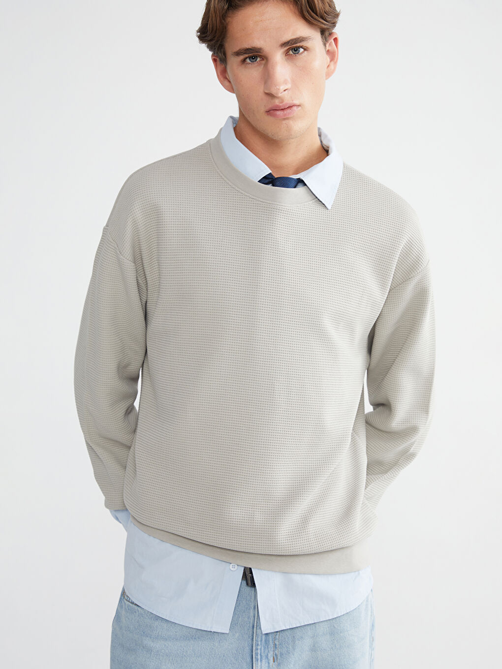 Gri Bisiklet Yaka Erkek Sweatshirt