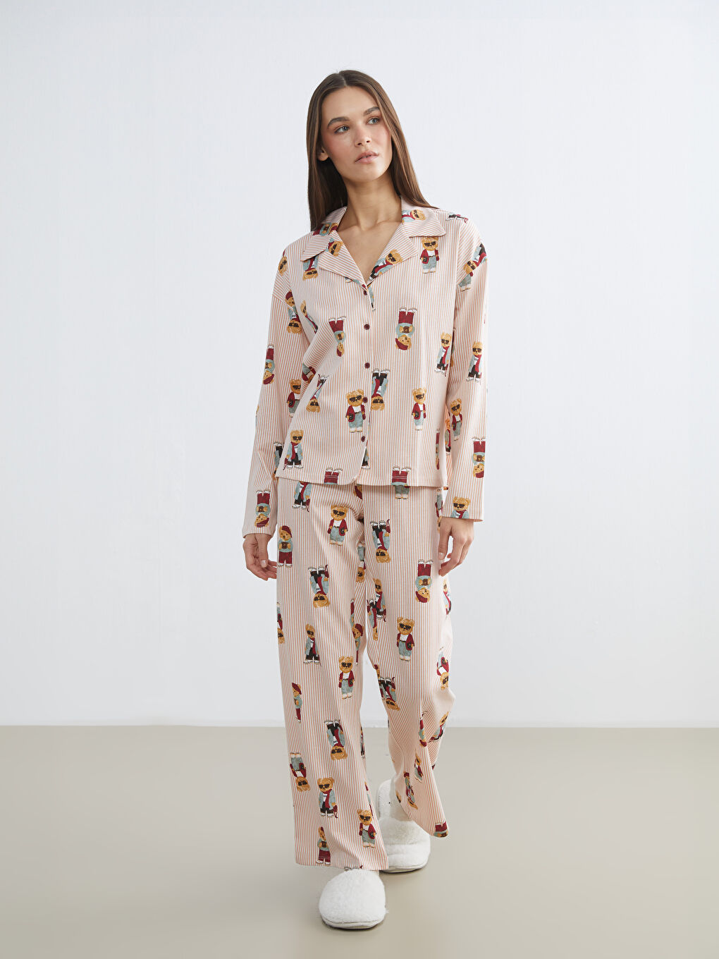 Bej Beli Lastikli Ayı Teddy Baskılı Kadın Pijama Altı