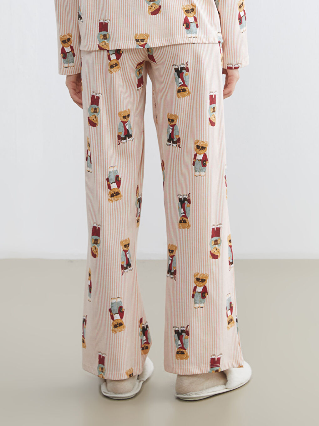 Bej Beli Lastikli Ayı Teddy Baskılı Kadın Pijama Altı-1