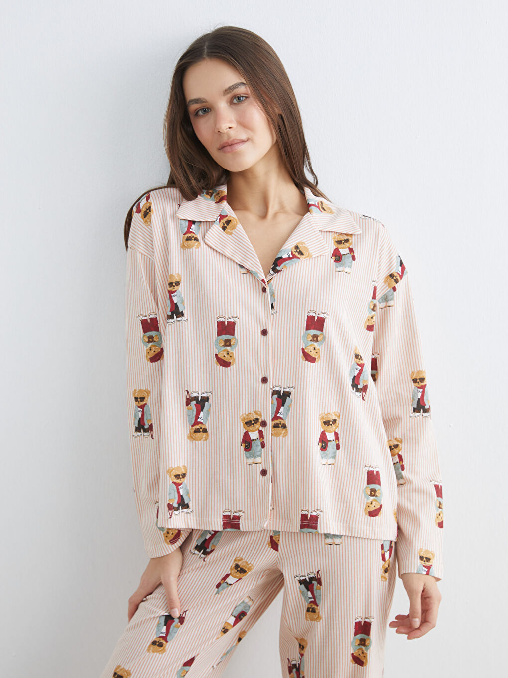 Bej Gömlek Yaka Ayı Teddy Baskılı Kadın Pijama Takımı