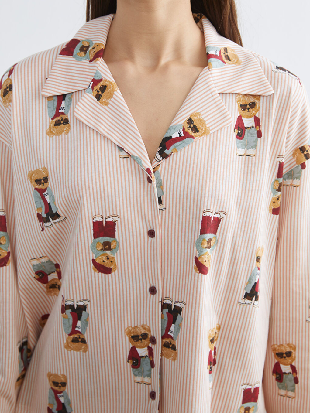 Bej Gömlek Yaka Ayı Teddy Baskılı Kadın Pijama Takımı-2