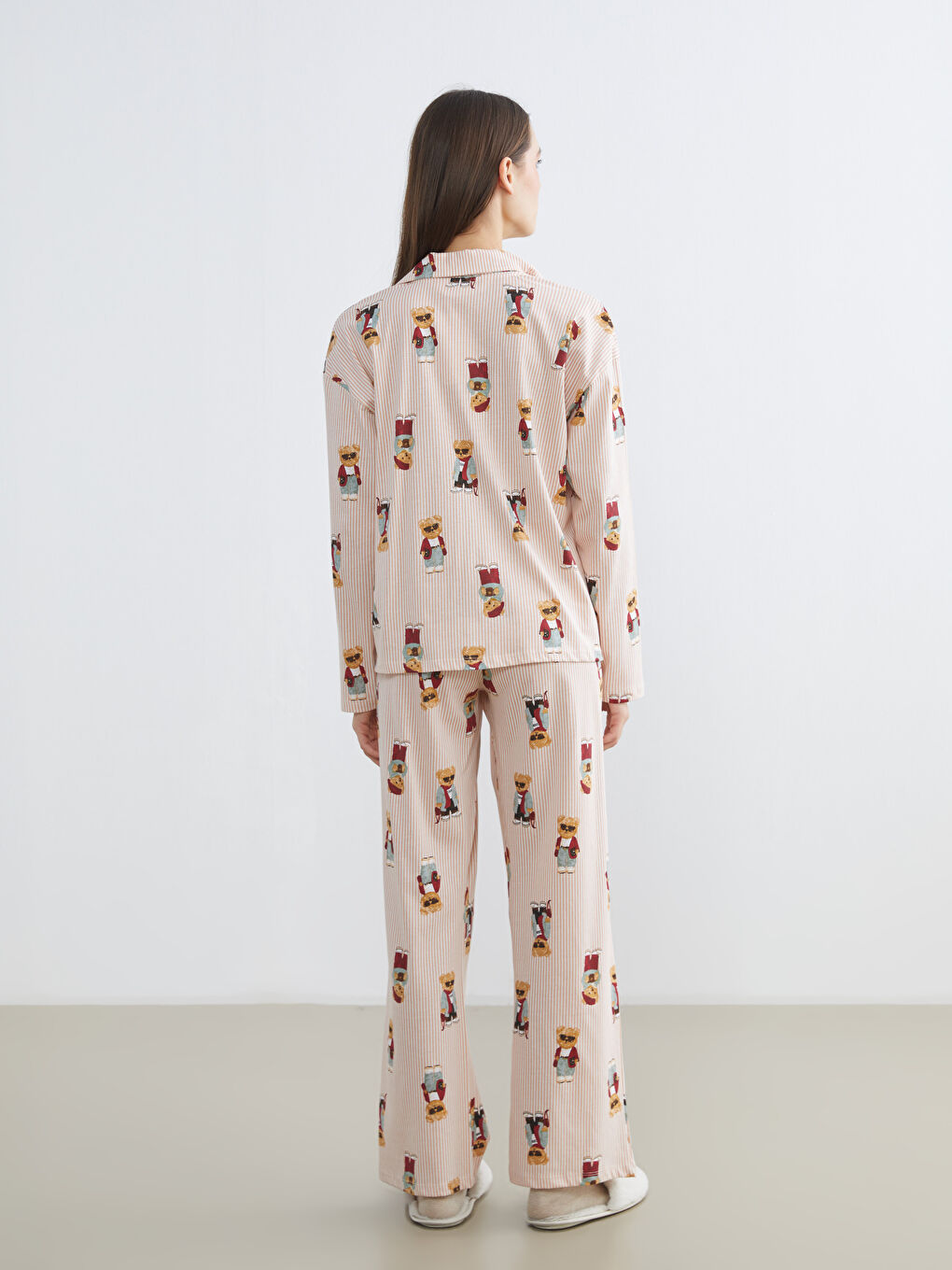 Bej Gömlek Yaka Ayı Teddy Baskılı Kadın Pijama Takımı-3