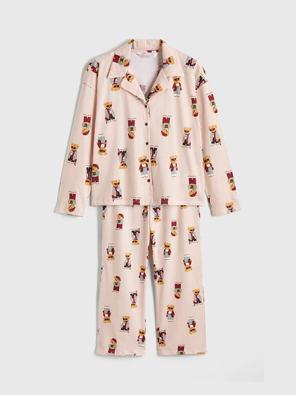 Bej Gömlek Yaka Ayı Teddy Baskılı Kadın Pijama Takımı-4