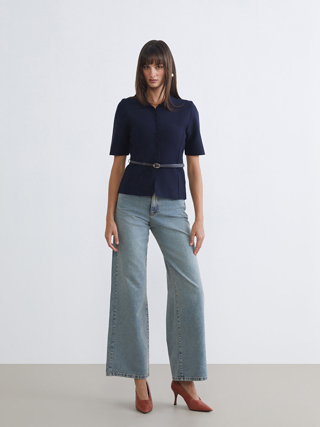 Lacivert Beli Kemerli Kadın Triko Hırka-1