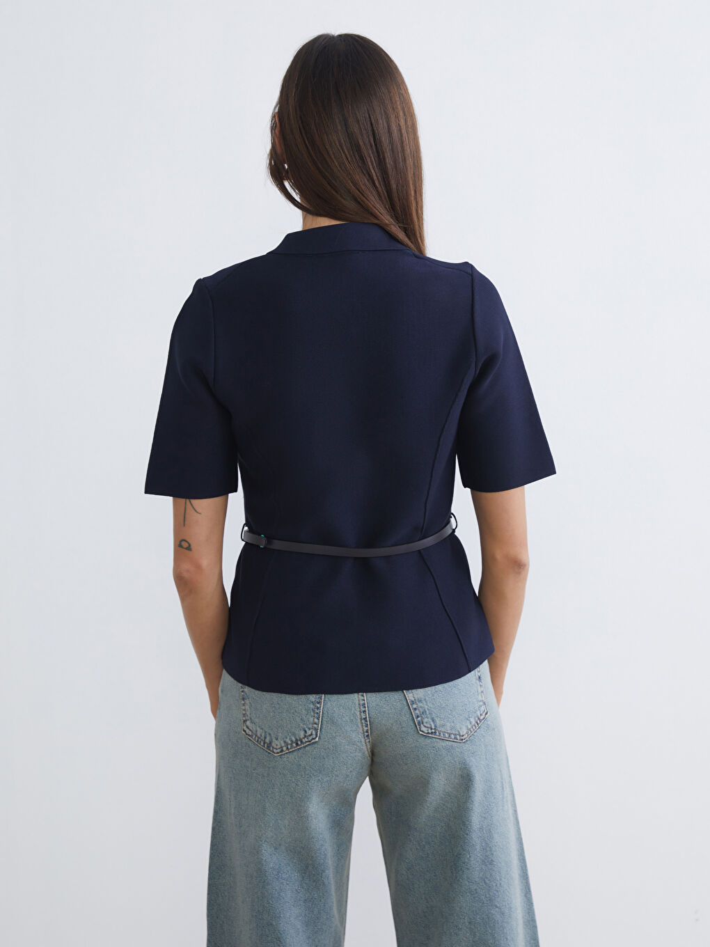 Lacivert Beli Kemerli Kadın Triko Hırka-3